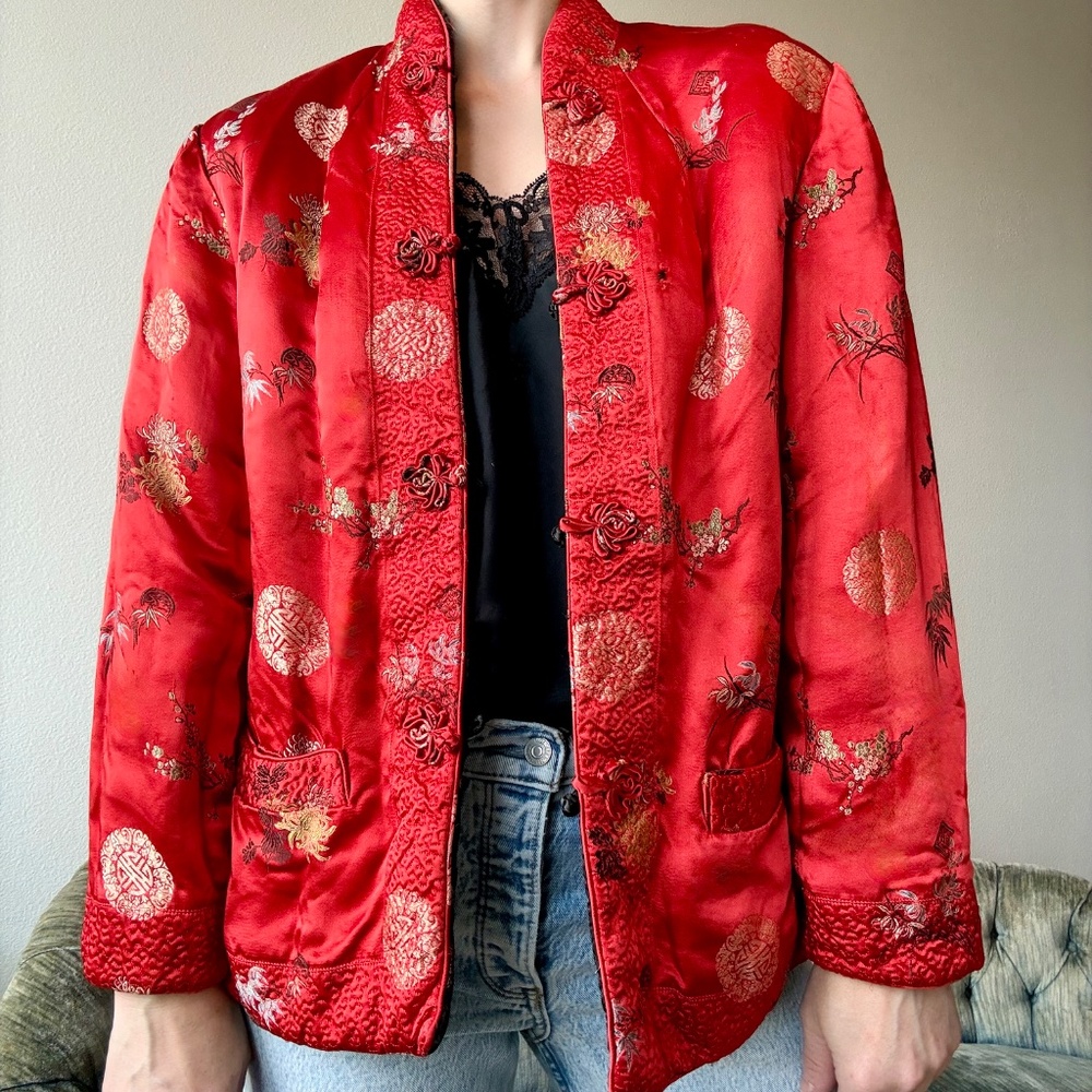 Vintage Peony Red Black Reversible 100% Rayon Embroidered Chinese Jacket Small